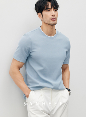 2025夏季 液氨PIMA棉珠地面料 领口撞色男士圆领短袖T恤衫 DAT866