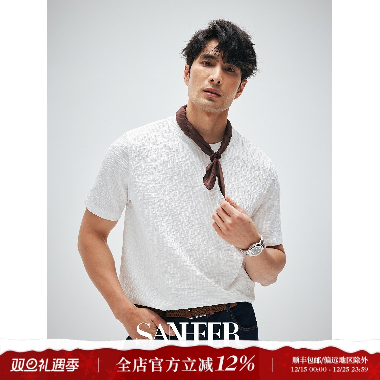 夏季高档棉质泡泡纱纹理圆领T恤