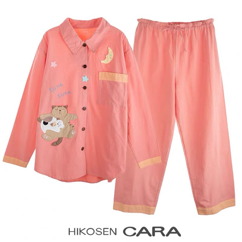 HIKOSEN CARA卡拉猫可爱纯棉家居服纽扣开衫柔软舒适宽松睡衣套装