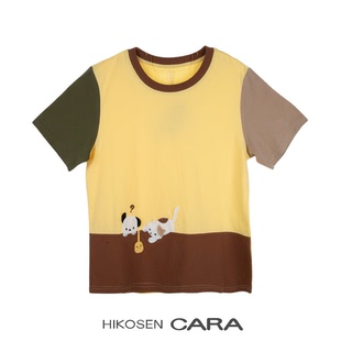 CARA卡拉猫原创纯棉三花与小狗短袖 HIKOSEN 撞色圆领T恤女上衣