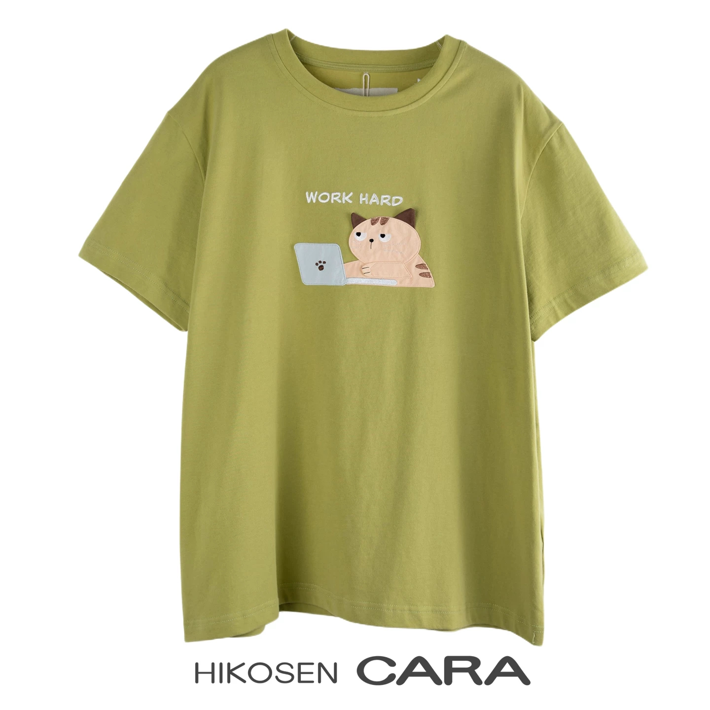 HIKOSEN CARA卡拉猫虎斑电脑夏季纯棉短袖女宽松可爱日系贴布T恤