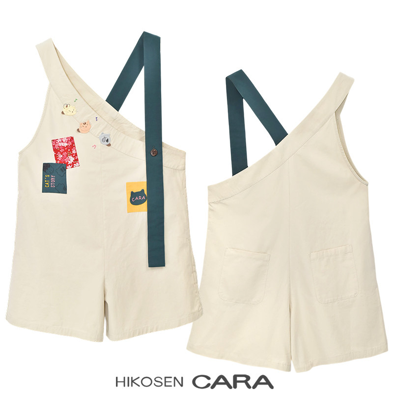 HIKOSNE CARA卡拉猫徽章设计背带短裤女百搭猫咪连体裤减龄学院风