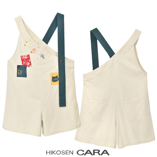 HIKOSNE CARA卡拉猫徽章设计背带裤百搭猫咪连体裤短裤减龄学院风