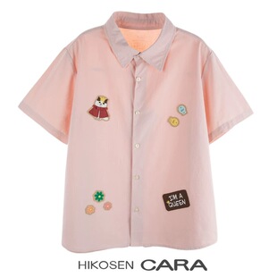 HIKOSEN CARA卡拉猫新款时尚贴布短袖衬衫休闲百搭翻领衬衣上衣