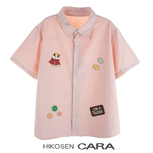 HIKOSEN CARA卡拉猫新款时尚贴布短袖衬衫休闲百搭翻领衬衣上衣