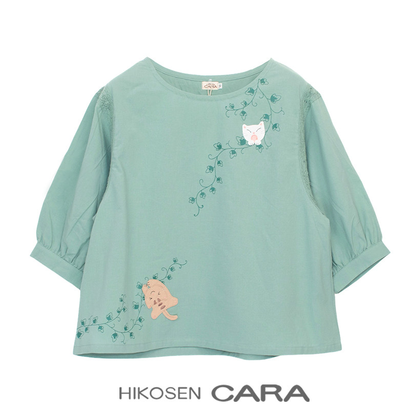 HIKOSEN CARA卡拉猫日式半袖T恤夏季新款花朵印花圆领宽松上衣