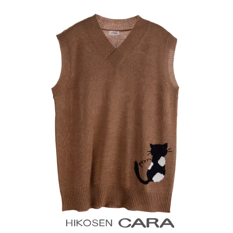 HIKOSEN CARA卡拉猫新款春秋针织背心女士叠穿V领马甲外穿上衣