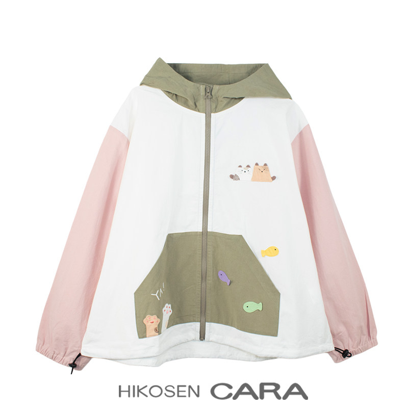 HIKOSEN CARA卡拉猫新款猫咪贴布连帽开衫外套女宽松棉质短外套