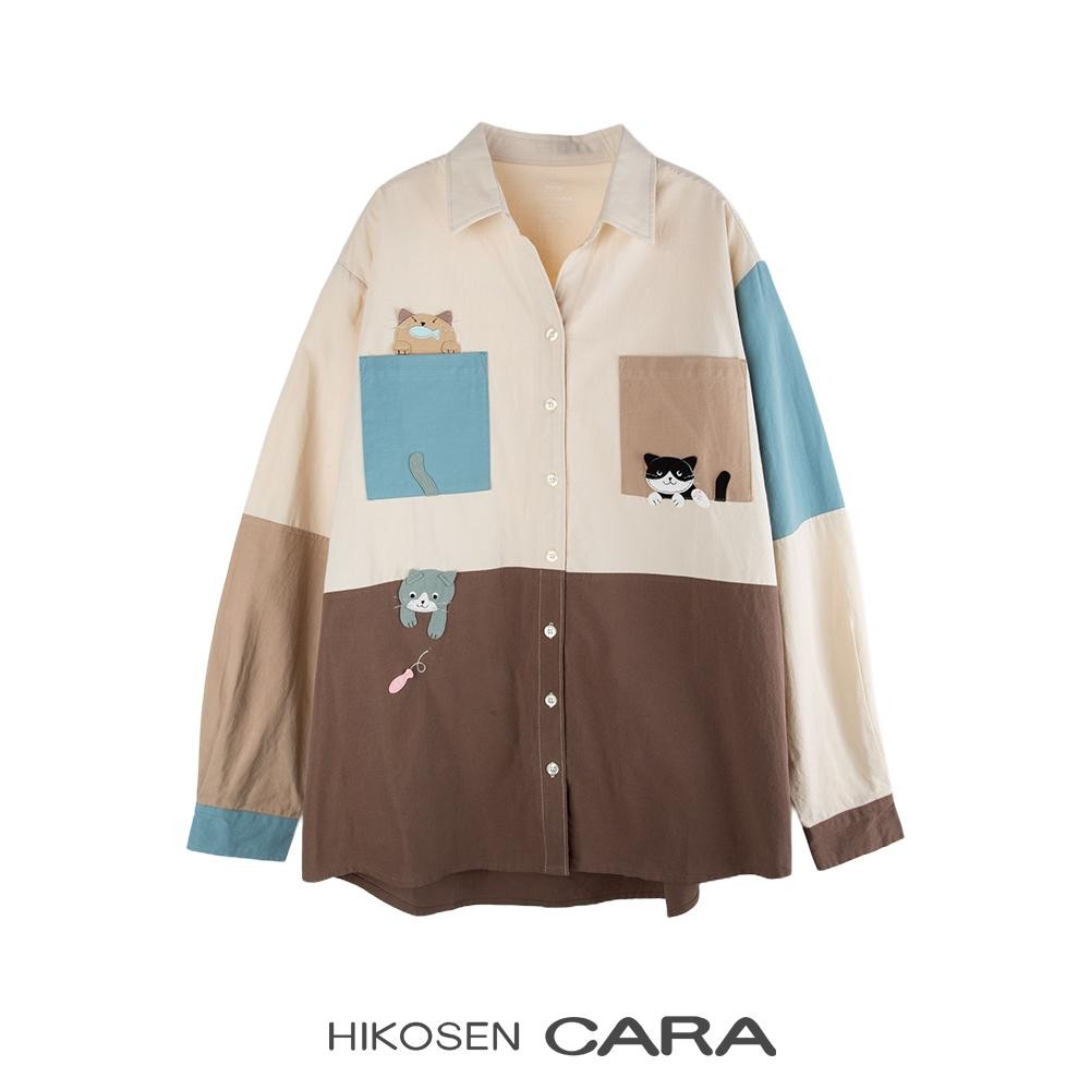 HIKOSEN CARA卡拉猫拼接长袖衬衫女日本撞色学院风外搭宽松衬衣