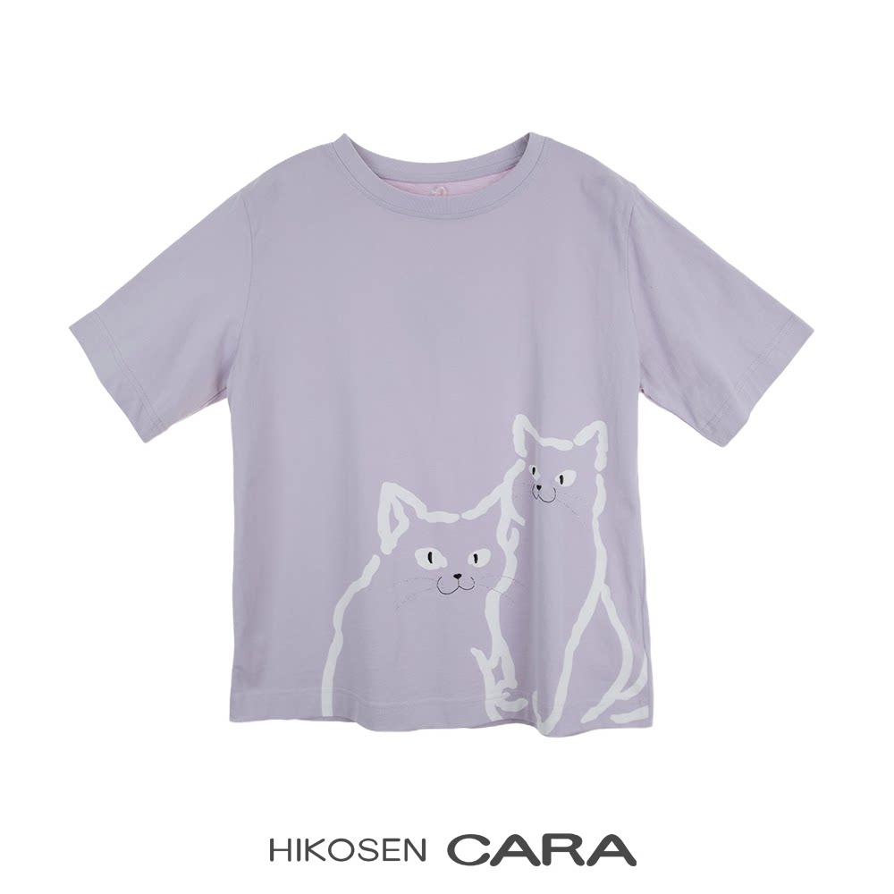 HIKOSEN CARA卡拉猫夏季短袖t恤百搭纯棉半袖印花猫咪糖果上衣