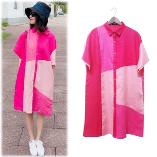 女装 女 休闲长衬衫 2022夏季 宽松亚麻粉色衬衫 裙连衣裙拼色拼接短袖