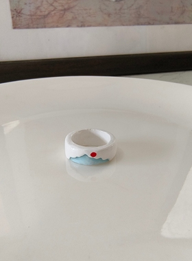石塑粘土diy纯手工制作戒指落日山峰小众手绘创意戒指可改色
