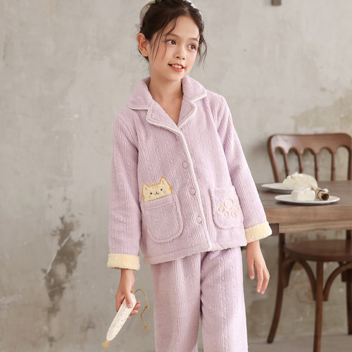 儿童秋冬加厚牛奶绒女童睡衣套
