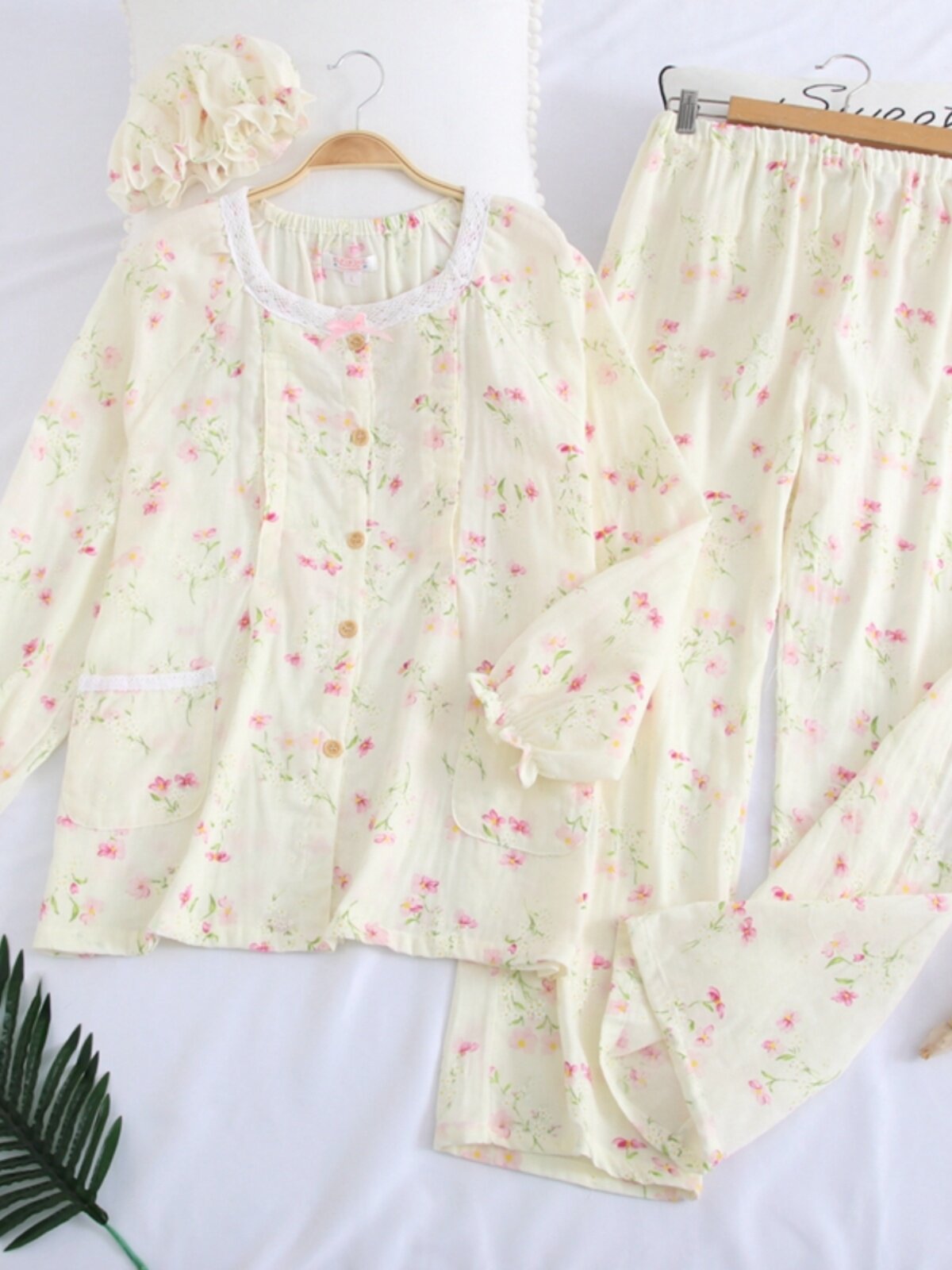 봄 여름 얇은 순면 거즈 긴팔 잠옷 세트 임산부를 위한 모기 방지 옷 가정복 감금복 수유복 수유복