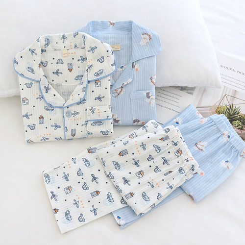 儿童夏季薄纯棉纱布翻领长袖睡衣