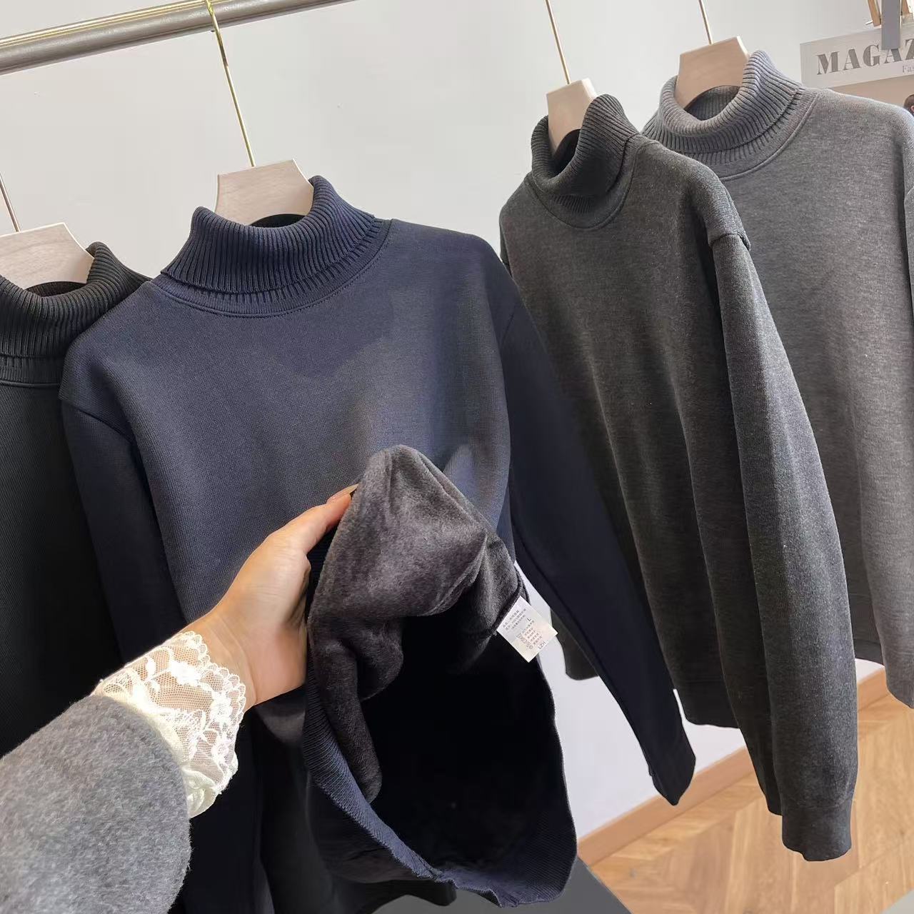 加绒加厚！秋冬打底1件搞定 外贸男装工厂复合绒里高领针织衫毛衣