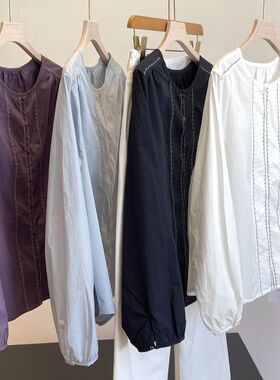 仿天丝全棉！精致小刺绣！外贸女装工厂尾货高端小宽松长袖衬衫衣