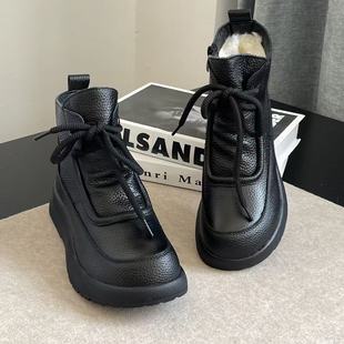 雪地靴 时装 加绒加厚外贸尾货保暖女士真皮短靴 羊毛一体 牛皮