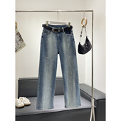 高端重磅外贸工厂尾货棉弹阔腿牛仔裤 女装 爱心贴片 闪钻 全裤