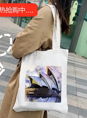 犇London Budapest Venice Sydney 水彩女式帆布手提包环保购物袋