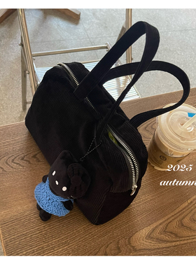 CHIOUU/自制 黑色灯芯绒迷你波士顿手拎包 手提包