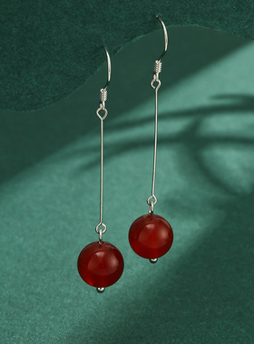 925纯银长款耳钉 圆珠沈兰舟耳坠 花京院典明耳耳环 中式红色耳夹