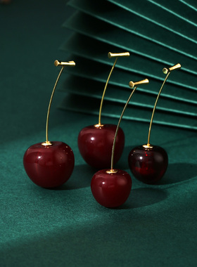 925纯银小樱桃耳环红色车厘子耳饰 可爱少女水果耳坠耳钉