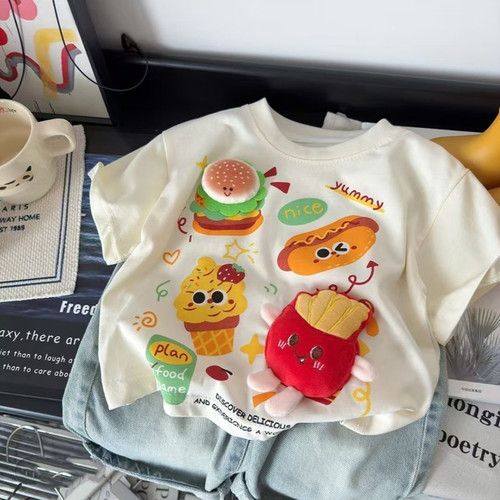 儿童立体汉堡薯条短袖t恤2025新款男女宝宝洋气独特超好看的上衣