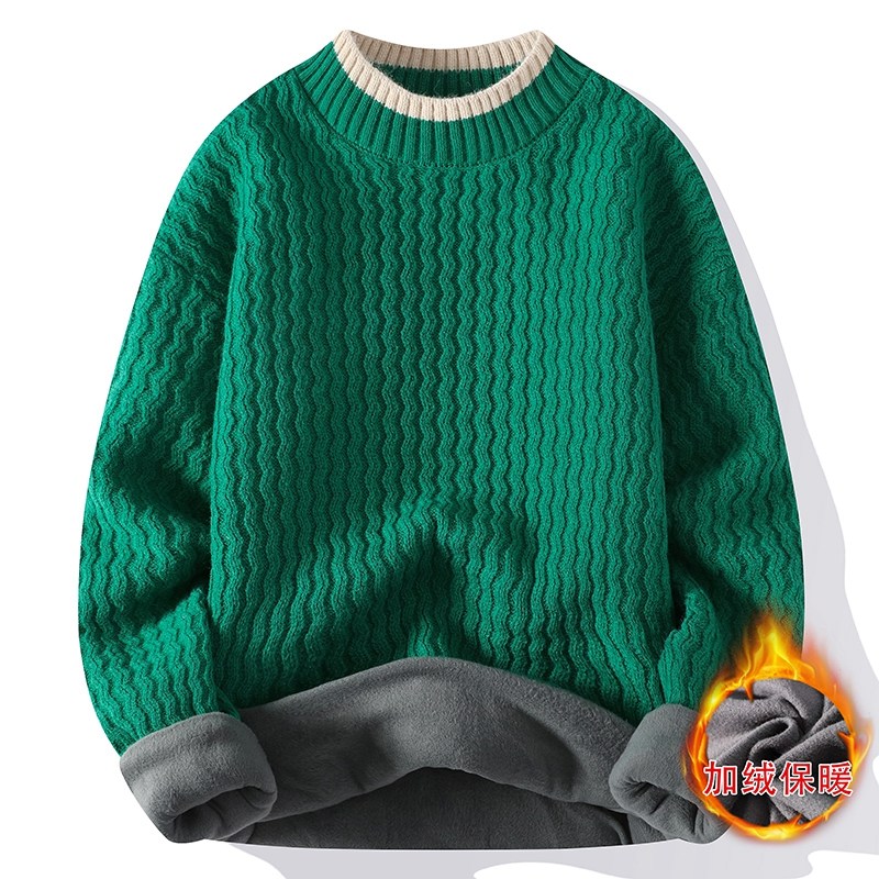 波浪纹毛衣男秋冬款潮牌内搭衣服假两件线衣加绒加厚半高领针织衫