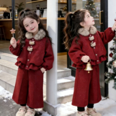 女宝宝新年红色拜年服 毛领棉服加绒洋气冬装 女童秋冬套装 2026新款