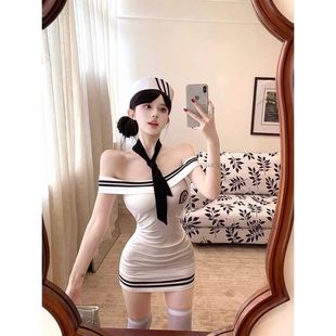 一字肩撞色无袖 裙子辣妹收腰包臀短裙 抹胸连衣裙女夏季 学院风修身