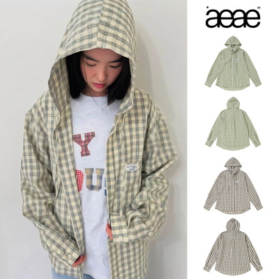 韩国小众潮牌aeae复古风格子连帽长袖衬衫外套女宽松休闲早秋