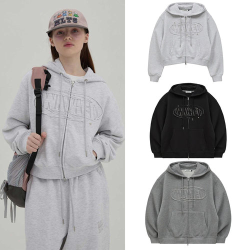 韩国小众潮牌waikei连帽卫衣女复古字母贴布拉链外套男金珉奎