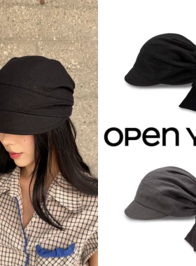 openyy亚麻系带贝雷帽炫雅同款帽子绑带报童帽遮阳画报帽