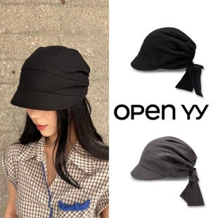 openyy亚麻系带贝雷帽炫雅同款帽子绑带报童帽遮阳画报帽
