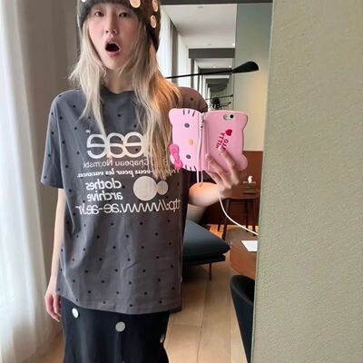 25夏 aeae 韩国设计师品 WEB LOGO学院风波点字母落肩宽松短袖T恤