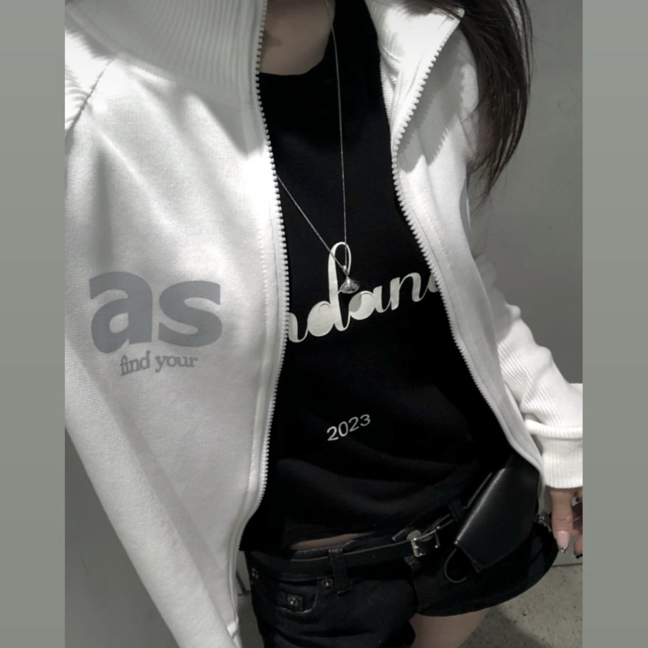 预/ason字母印花插肩袖拼接撞色拉链开衫长袖翻领可立领外套