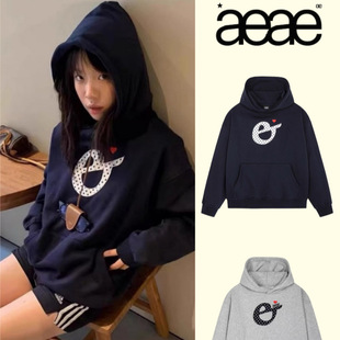 韩国小众潮牌aeae波点贴布刺绣卫衣连帽加绒帽衫保暖上衣女冬季