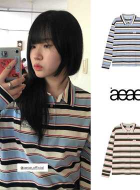 韩国小众潮牌aeae学院风简约条纹polo领长袖百搭宽松T恤上衣女秋