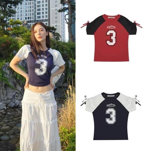 韩国小众潮牌Lartigent学院风拼色插肩短款短袖球衣T恤上衣女