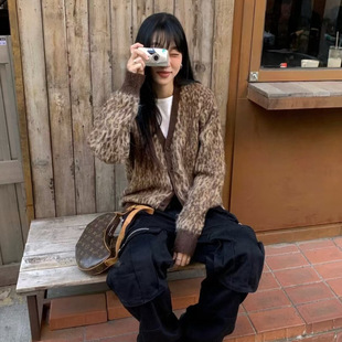 纽扣毛衣开衫 Calie马海毛豹纹针织衫 韩国小众Asif 柳智敏同款