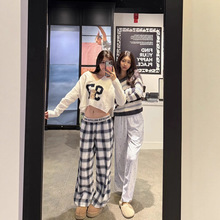 美式复古HCO小海鸥格纹字母翻边织带休闲百搭长裤睡裤格子裤女潮