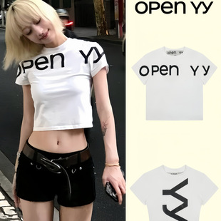 显瘦新款 露腰修身 T恤openyy上衣女夏 yy字母印花短袖 韩国潮牌open
