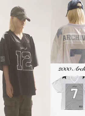 申留真同款2000archives韩国设计师 数字网面宽松球衣T恤