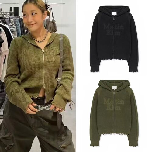matin kim嘉尔同款大标华夫格毛边破洞连帽拉链外套上衣开衫男女