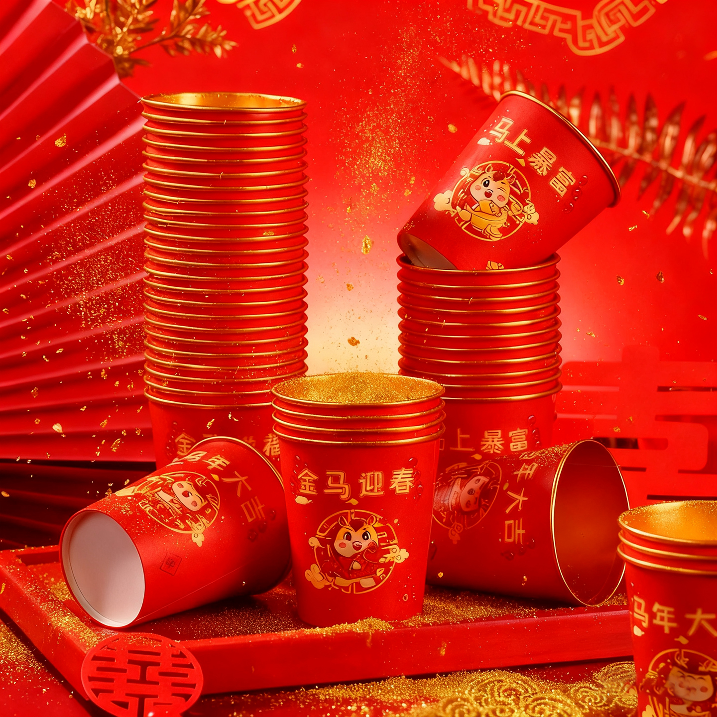 一次性纸杯2026年马年过年红色