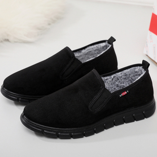 实在人冬季加绒保暖中老年爸爸鞋防滑耐磨懒兔毛男棉鞋老北京布鞋