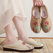 亚麻半拖鞋 夏季 复古民族风绣花2024年新款 老北京布鞋 新中式 国风鞋