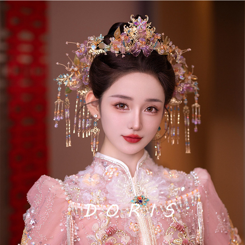 新娘发饰复古紫色奢华大气凤冠古典秀禾头饰龙凤褂新娘饰品2023新