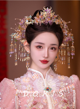 新娘发饰复古紫色奢华大气凤冠古典秀禾头饰龙凤褂新娘饰品2023新